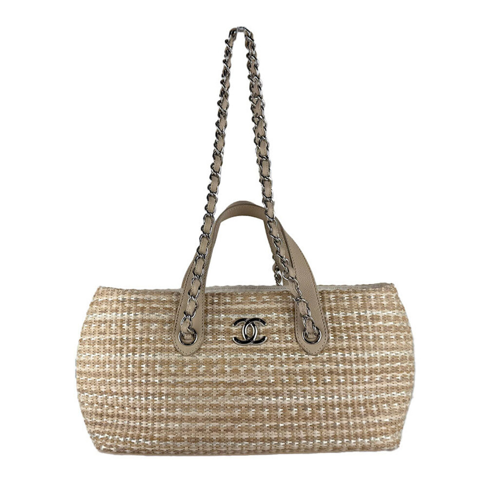 Chanel handbag/shoulder bag, raffia leather, light beige/silver, women's, z10884